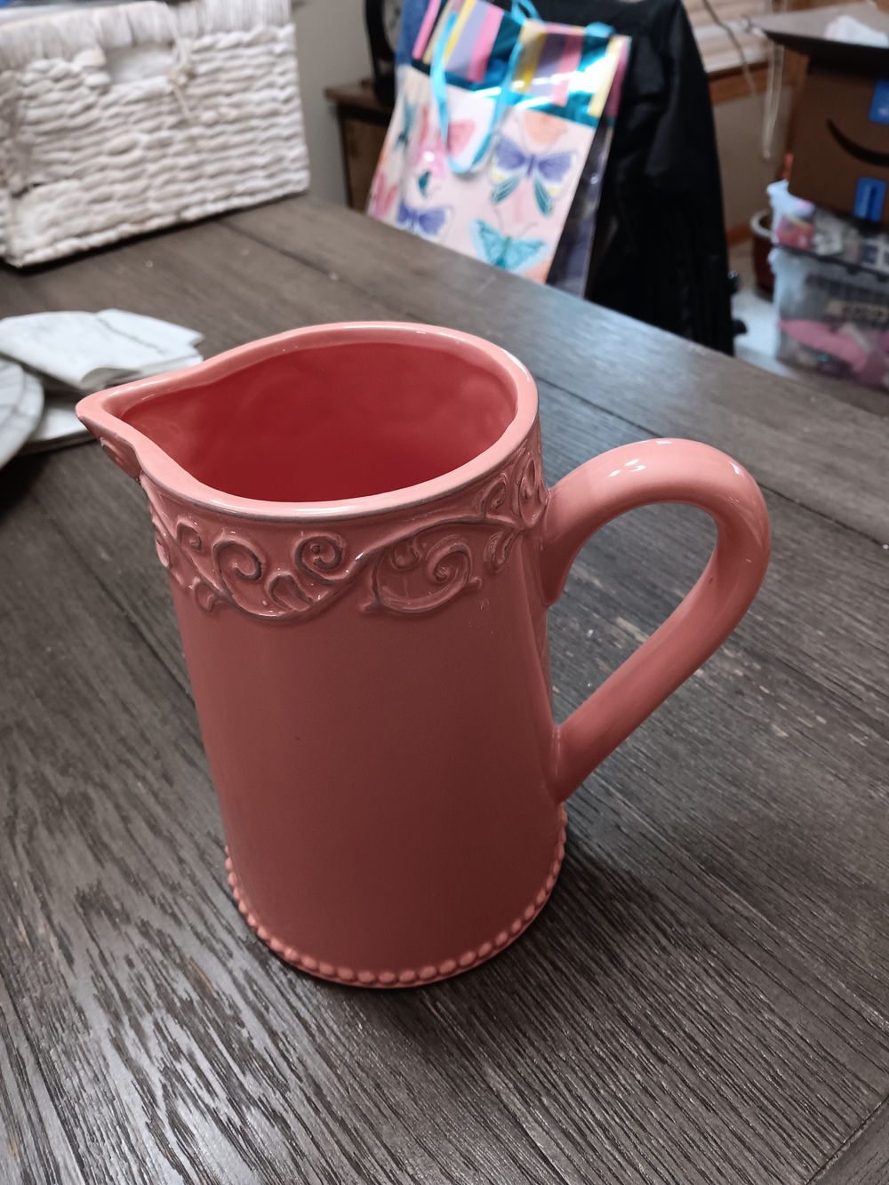 Unk Pink Ceramic Pitcher with Scroll Detail